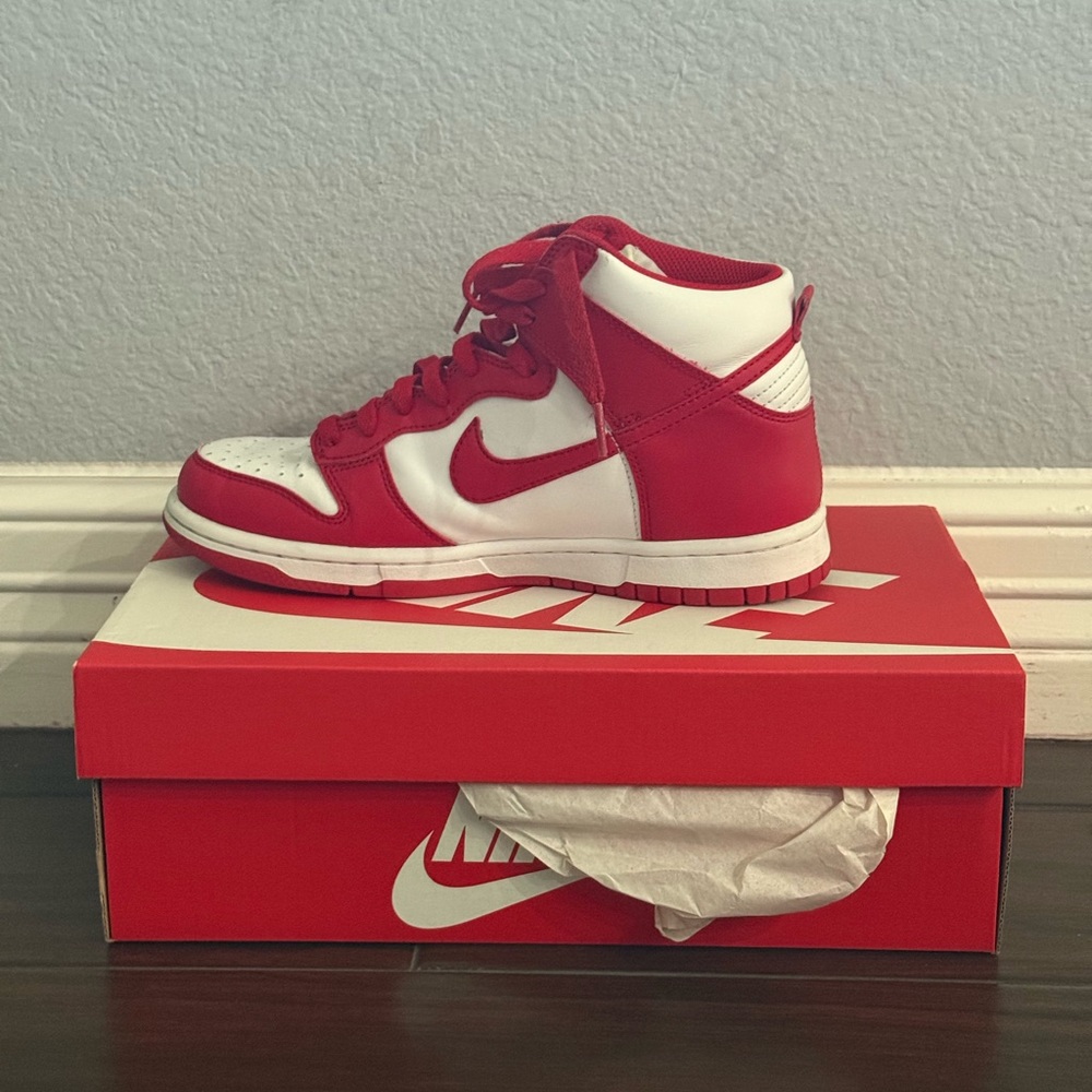 Nike Red and White Dunk High Sneakers